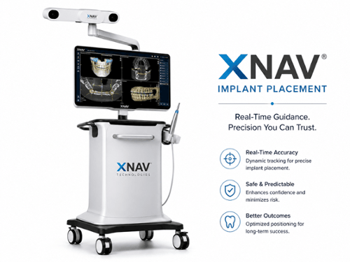 XNAV implant placement system with real-time tracking camera and 3D dental imaging monitor on mobile cart